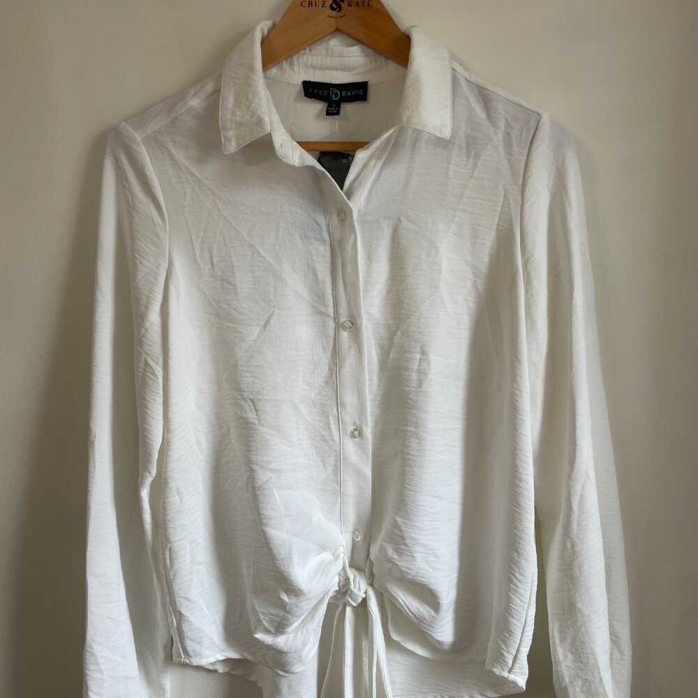 Fred David White button down blouse with tie
